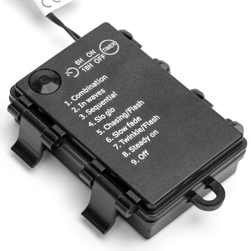 Čierna plastová krabička s tlačidlom ovláda svetelné režimy: kombinácia, vlny, sekvenčné, pomalé svietenie, prenasledovanie/blesk, pomalé zhasínanie, blikanie/blesk, stále svietenie, vypnuté. Funkcia časovača: 6 hodín zapnuté, 18 hodín vypnuté.