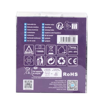 Balenie svetelnej reťaze s technickými údajmi: 15000 hodín prevádzky, rozsah prevádzkových teplôt -25°C až 45°C, označenie RoHS, recyklačné symboly a informácie o výrobcovi Italia Market SRL, Via delle Industrie, 9/1, 20883 Mezzago (MB), Taliansko, P.IVA: IT10502730962, http://www.aigo star.com, vyrobené v Číne.