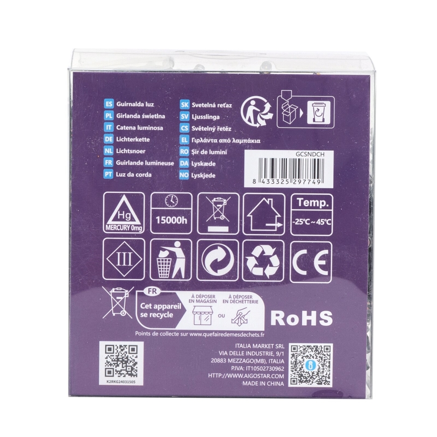 Balenie svetelnej reťaze s technickými údajmi: 15000 hodín prevádzky, rozsah prevádzkových teplôt -25°C až 45°C, označenie RoHS, recyklačné symboly a informácie o výrobcovi Italia Market SRL, Via delle Industrie, 9/1, 20883 Mezzago (MB), Taliansko, P.IVA: IT10502730962, http://www.aigo star.com, vyrobené v Číne.