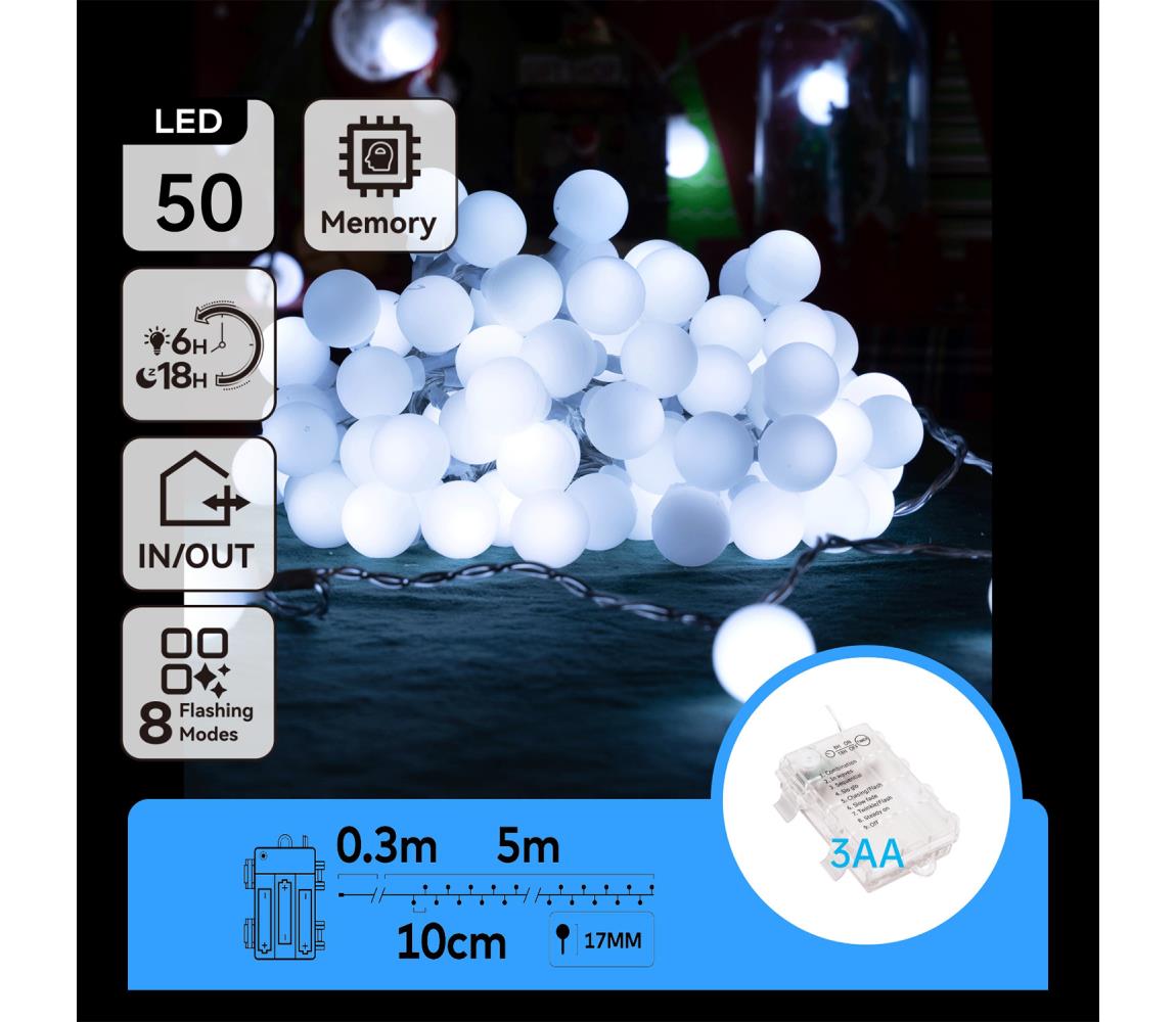 B.V. - LED vonkajšia svetelná reťaz 50xLED/3xAA/8 funkcií 5,3 m IP44 studená biela B10303K4J