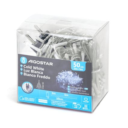 Svietiace LED diódy na šnúre v priehľadnej plastovej krabičke. Sú určené na vnútorné aj vonkajšie použitie. Text na krabičke uvádza: AIGOSTAR, Cold White, Luz Blanca, Bianco Freddo, 50 LED 3m+5m, String Light, Guirnalda Luz, Catena luminosa, 3m, 5m, 10cm, Transparent Wire, Cable Transparente, Cavo Trasparente, on/off.