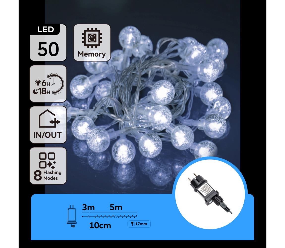 B.V.  - LED Vonkajšia svetelná reťaz 50xLED/8 funkcií 8m IP44 studená biela B103031NP