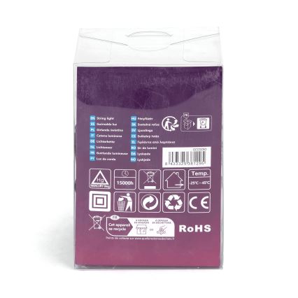 Balenie svetelného reťazca s technickými údajmi: 15000 hodín prevádzky, teplotný rozsah -25°C až 45°C, označenie CE a RoHS. Na obale sú uvedené názvy produktu v mnohých jazykoch.