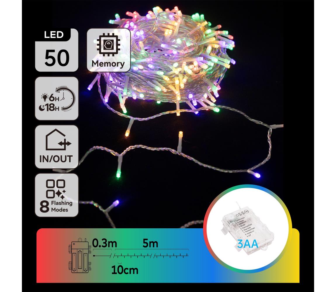 B.V.  - LED vonkajšia svetelná reťaz 50×LED/8 režimov, 3×AA, 5,3 m, IP44, viacfarebná B10303K1X