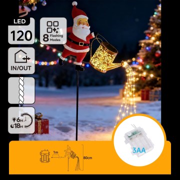 Aigostar - LED Vonkajšia vianočná dekorácia 120xLED/3xAA/8 funkcií 80 cm IP44 Santa/teplá biela