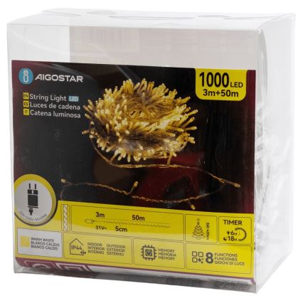 Aigostar - LED vonkajšia vianočná reťaz 1000xLED/8 funkcií 50m IP44 teplá biela