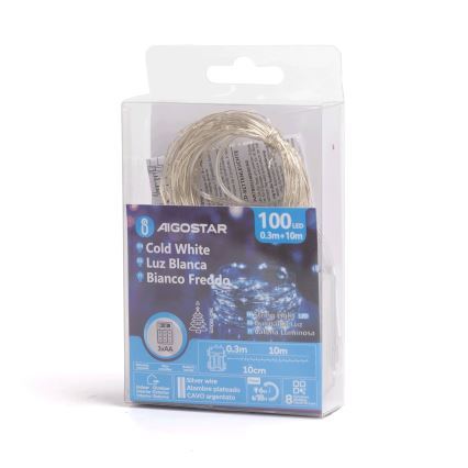 Aigostar - LED Vonkajšia vianočná reťaz 100xLED/8 funkcií/3xAA 10,3m IP44 studená biela