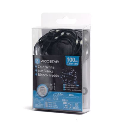 Aigostar - LED Vonkajšia vianočná reťaz 100xLED/8 funkcií/3xAA 10,3m IP44 studená biela