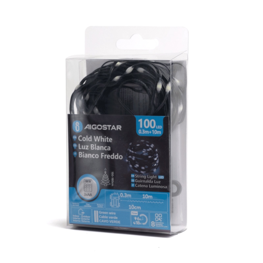 Aigostar - LED Vonkajšia vianočná reťaz 100xLED/8 funkcií/3xAA 10,3m IP44 studená biela