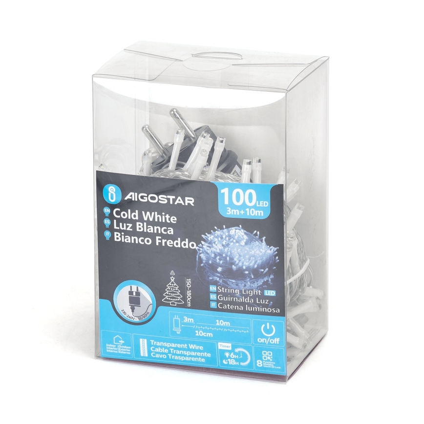 Aigostar - LED Vonkajšia vianočná reťaz 100xLED/8 funkcií 13m IP44 studená biela