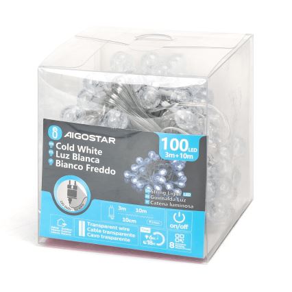 Aigostar - LED Vonkajšia vianočná reťaz 100xLED/8 funkcií 13m IP44 studená biela