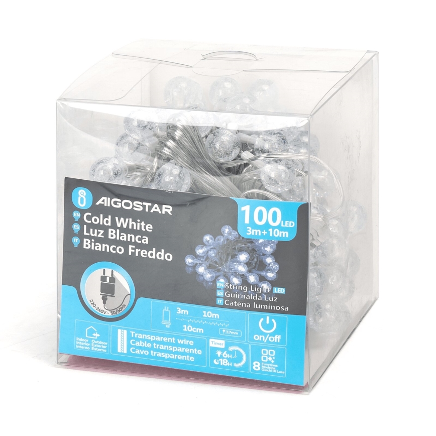 Aigostar - LED Vonkajšia vianočná reťaz 100xLED/8 funkcií 13m IP44 studená biela