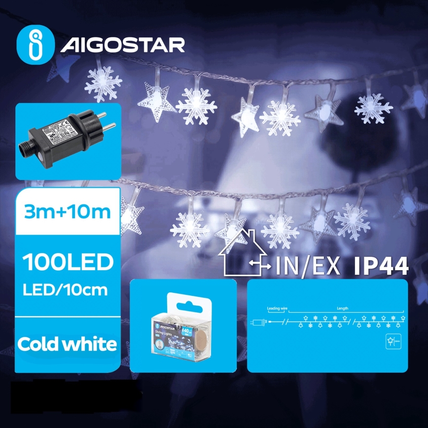 Aigostar - LED Vonkajšia vianočná reťaz 100xLED/8 funkcií 13m IP44 studená biela