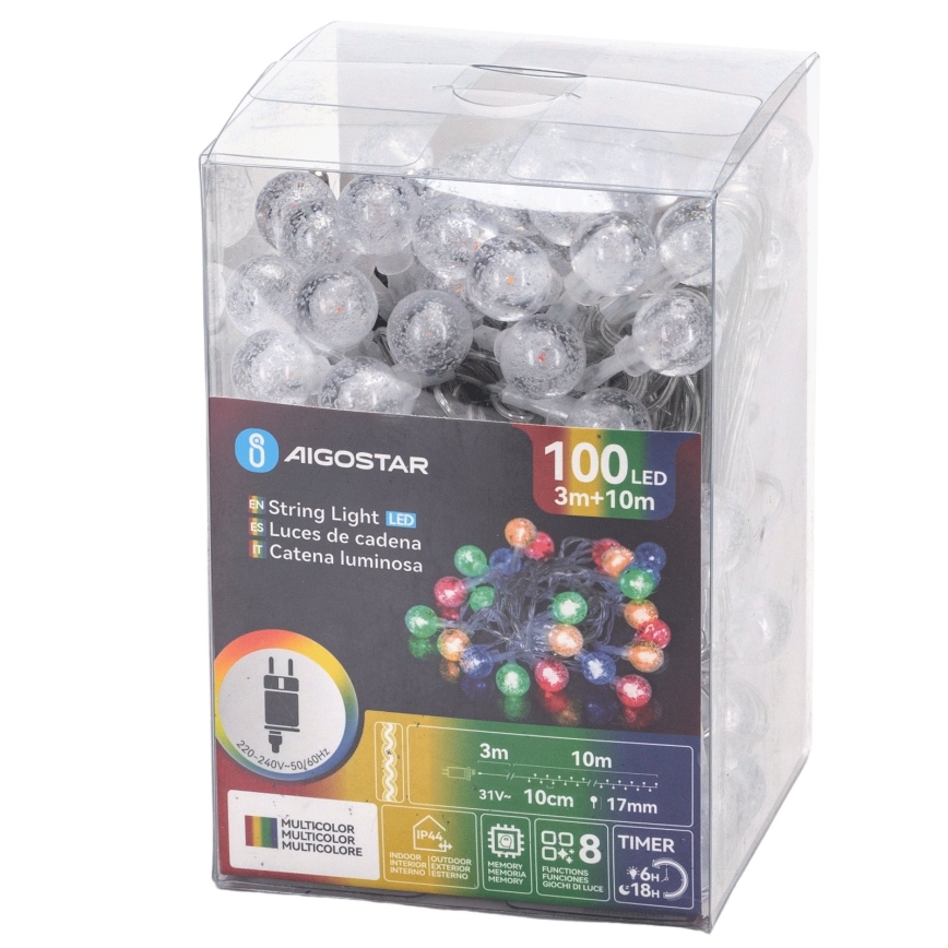 Aigostar - LED vonkajšia vianočná reťaz 100xLED/8 funkcií 13m IP44 viacfarebná