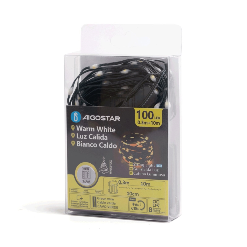 Aigostar - LED Vonkajšia vianočná reťaz 100xLED/8 funkcií 3xAA 10,3m IP44 teplá biela