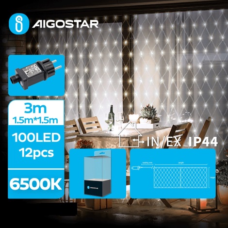 Aigostar- LED Vonkajšia vianočná reťaz 100xLED/8 funkcií 4,5x1,5m IP44 studená biela