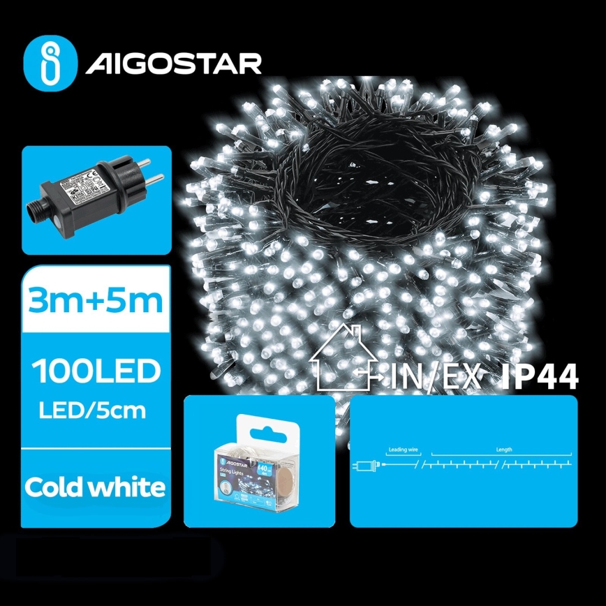 Aigostar - LED Vonkajšia vianočná reťaz 100xLED/8 funkcií 8m IP44 studená biela