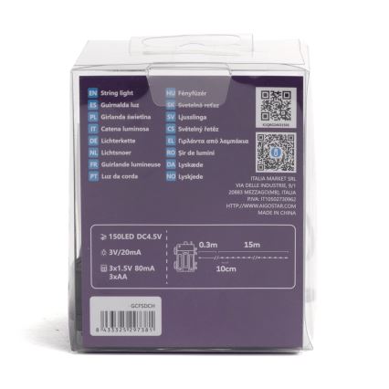 Balenie LED svetielok s dĺžkou 15 metrov, napájaných 3xAA batériami alebo 3V/20mA adaptérom, s popisom v mnohých jazykoch. Súčasťou je QR kód a informácie o výrobcovi.
