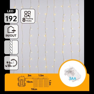 Aigostar - LED vonkajšia vianočná reťaz 192xLED/8 funkcií 3xAA 4,5x1,2m IP44 teplá biela