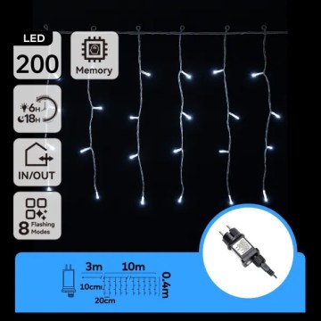 Aigostar - LED vonkajšia vianočná reťaz 200xLED/3,6W/230V/8 funkcií 10x0,4m IP44 studená biela