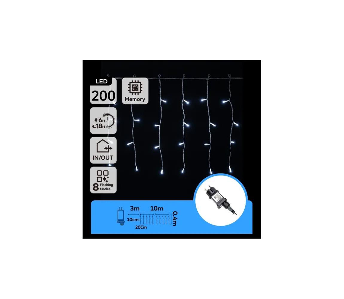 B.V. - LED vonkajšia vianočná reťaz 200xLED/3,6W/230V/8 funkcií 10x0,4m IP44 studená biela B103031Q1