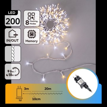 Aigostar - LED vonkajšia vianočná reťaz 200xLED/8 funkcií 23m IP44 teplá biela/studená biela