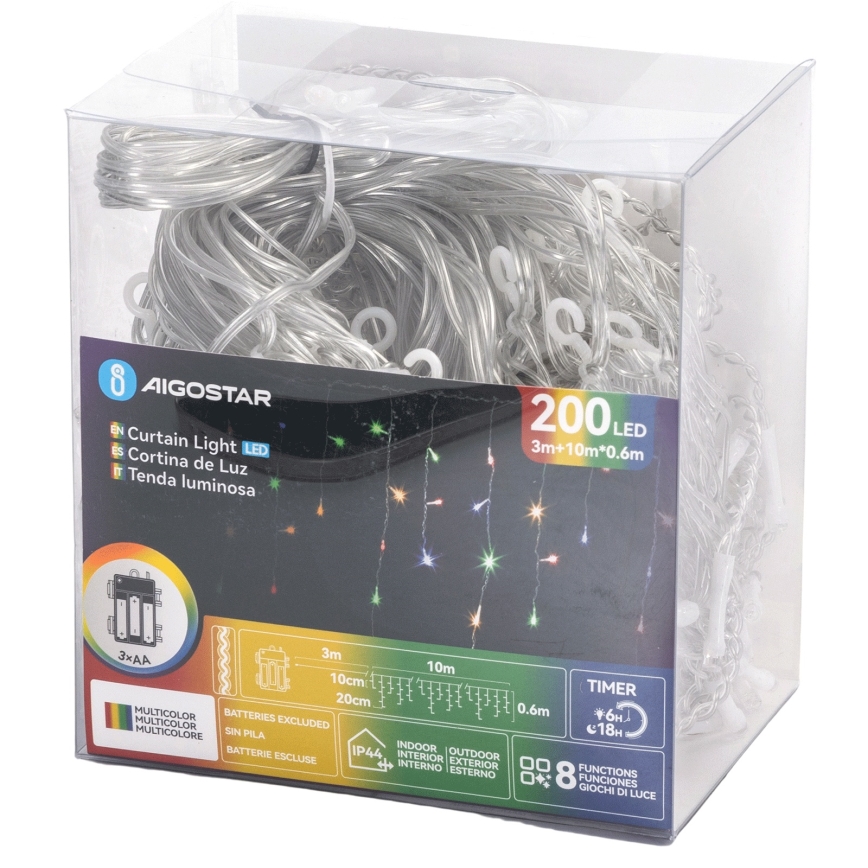 Aigostar - LED vonkajší vianočný reťaz 200xLED/8 funkcií 3xAA 13x0,6 m IP44 viacfarebný