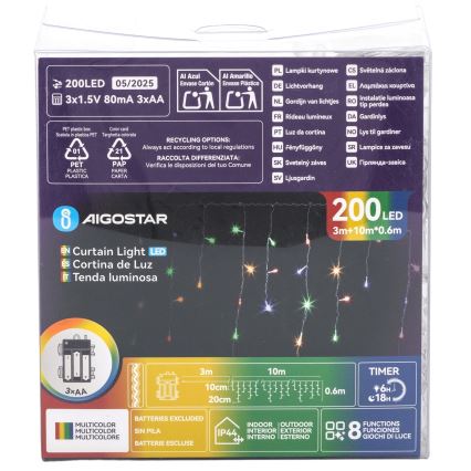 Aigostar - LED vonkajší vianočný reťaz 200xLED/8 funkcií 3xAA 13x0,6 m IP44 viacfarebný
