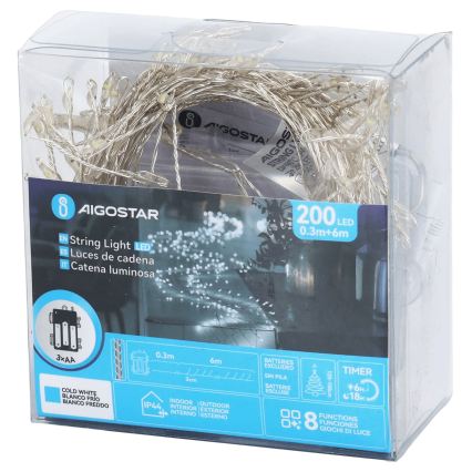 Aigostar - LED Vonkajšia vianočná reťaz 200xLED/8 funkcií 3xAA 6,3m IP44 studená biela
