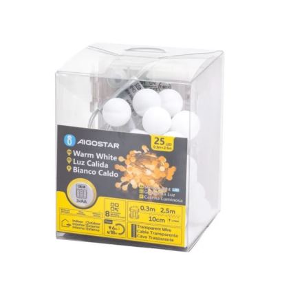 Aigostar-LED Vonkajšia vianočná reťaz 25xLED/3xAA/8 funkcií 2,8 m IP44 teplá biela