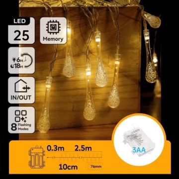 Aigostar - LED vonkajšia vianočná reťaz 25xLED/8 funkcií 3xAA 2,5 m IP44 teplá biela kvapky