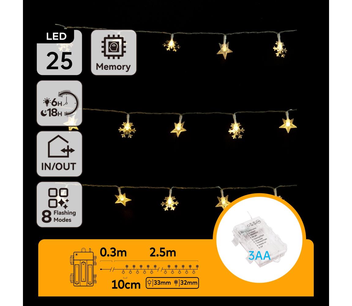 B.V. - LED vonkajšia vianočná reťaz 25xLED/8 funkcií 3xAA 2,5m IP44 teplá biela hviezdy B10303K4X