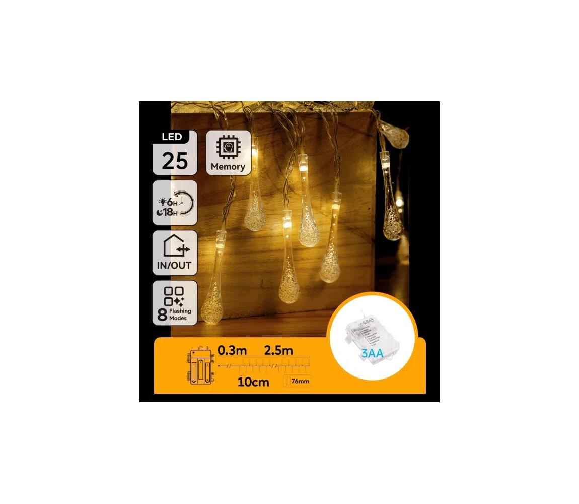 B.V. - LED vonkajšia vianočná reťaz 25xLED/8 funkcií 3xAA 2,5m IP44 teplá biela kvapky B10303K57