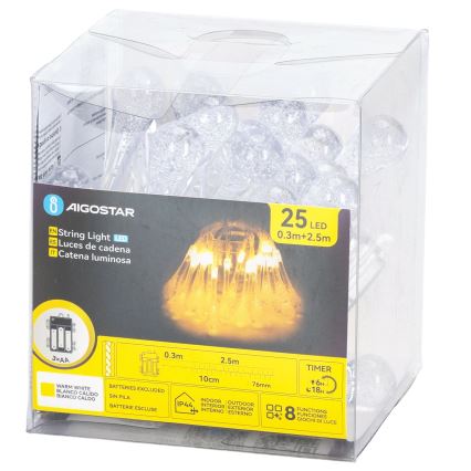 Aigostar - LED vonkajší reťaz 25xLED/8 funkcií 3xAA 2,5 m IP44 teplá biela kvapky