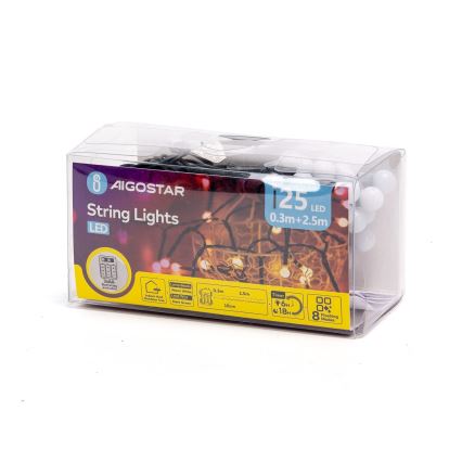 Aigostar - LED vonkajšia vianočná reťaz 25xLED/8 funkcií 3xAA 2,8m IP44 teplá biela
