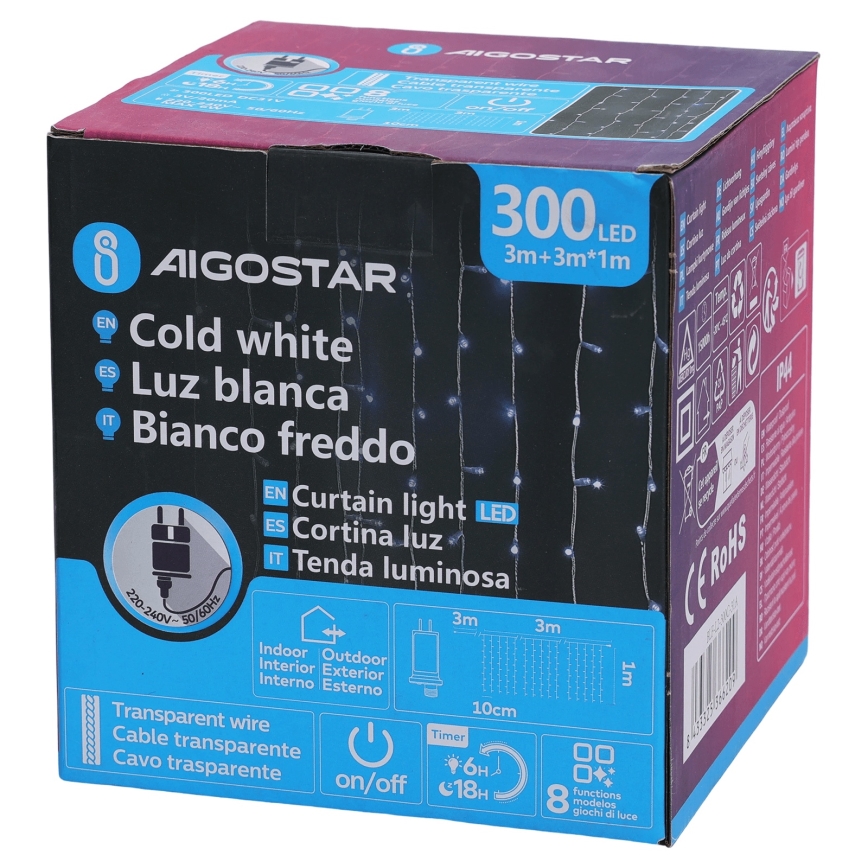 Aigostar - LED vonkajší svetelný reťazec 300xLED/8 funkcií 3x1m IP44 studená biela + diaľkové ovládanie