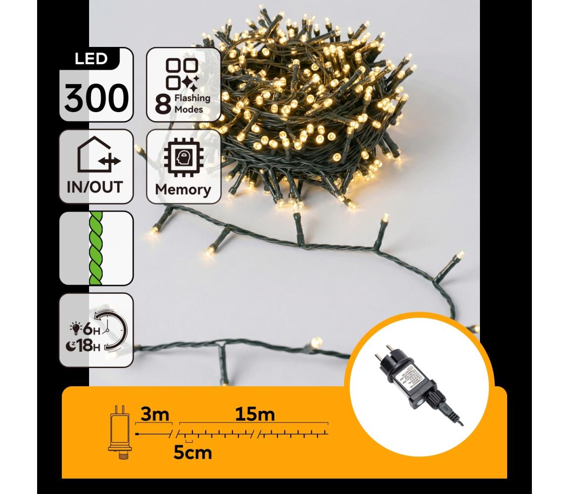 B.V.  - LED Vonkajšia vianočná reťaz 300xLED/8 funkcií 18m IP44 teplá biela B10303JN1