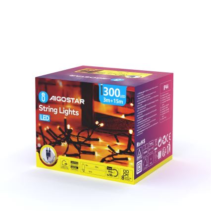 Aigostar - LED Vonkajšia vianočná reťaz 300xLED/8 funkcií 18m IP44 teplá biela