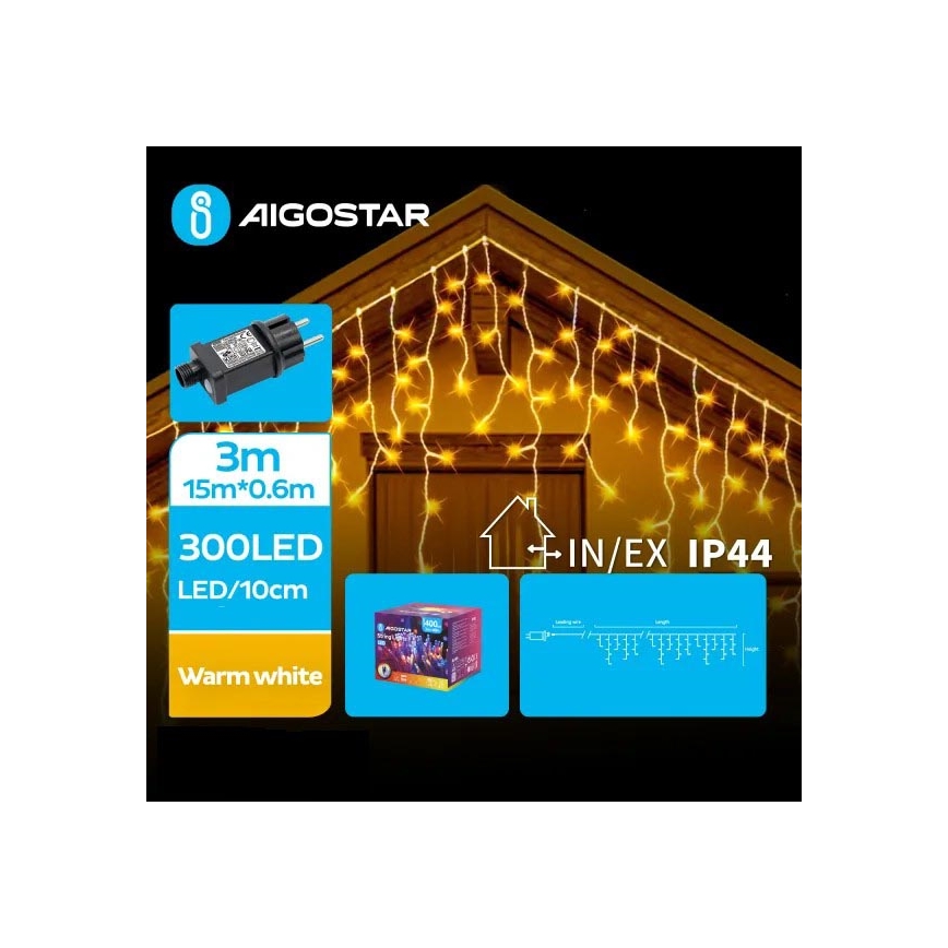 Aigostar - LED Vonkajšia vianočná reťaz 300xLED/8 funkcií 18x0,6m IP44 teplá biela