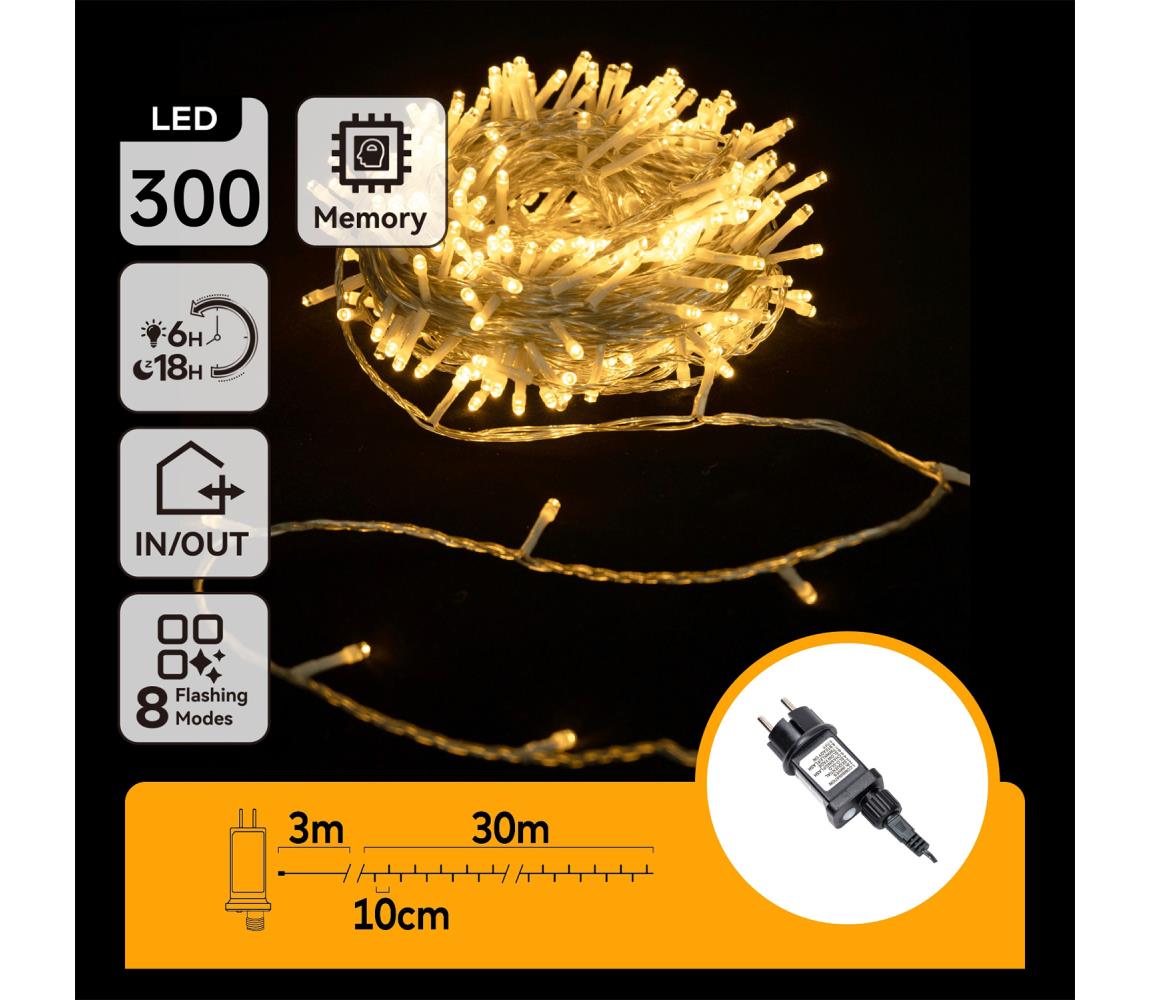 B.V.  - LED vonkajšia vianočná reťaz 300xLED/8 funkcií 33m IP44 teplá biela B103031PT