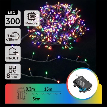 Aigostar -LED vonkajšia vianočná reťaz 300xLED/8 funkcií 3xAA 15,3m IP44 viacfarebná