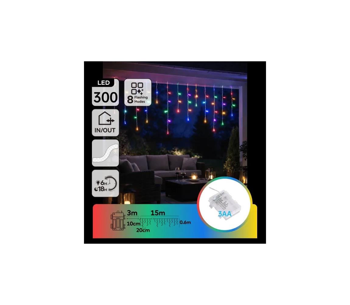 B.V.  - LED vonkajšia vianočná reťaz 300xLED/8 funkcií 3xAA 18x06m IP44 viacfarebná B10303K45