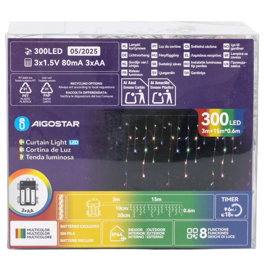 Aigostar - LED vonkajšia vianočná reťaz 300xLED/8 režimov 3xAA 18x0,6 m IP44 viacfarebná