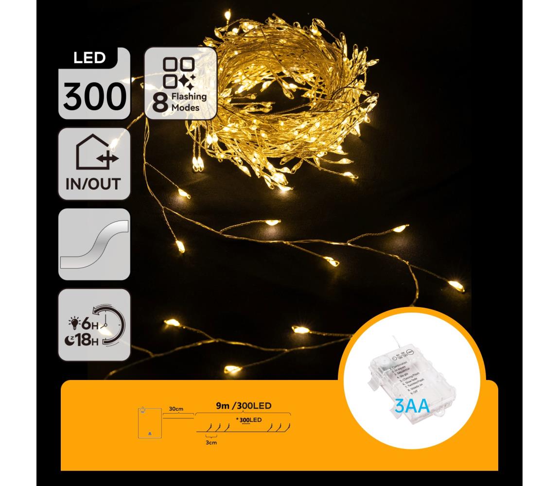 B.V.  - LED vonkajšia vianočná reťaz 300xLED/8 funkcií 3xAA 9,3m IP44 teplá biela B103033WQ