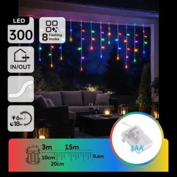 Aigostar - LED vonkajšia vianočná reťaz 300xLED/8 režimov 3xAA 18x0,6 m IP44 viacfarebná
