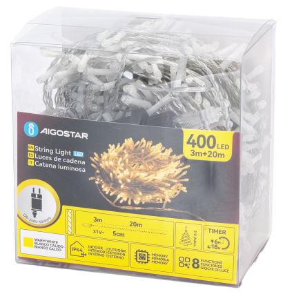 Aigostar - LED vonkajšia vianočná reťaz 400xLED/8 funkcií 20m IP44 teplá biela