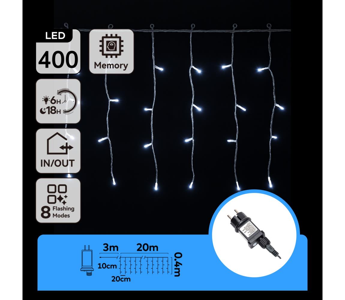 B.V. - LED vonkajšia vianočná reťaz 400xLED/6W/230V/8 funkcií 20x0,4m IP44 studená biela B103031Q3