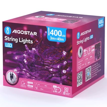 Aigostar - LED vonkajšia vianočná reťaz 400xLED/8 funkcií 43m IP44 ružová