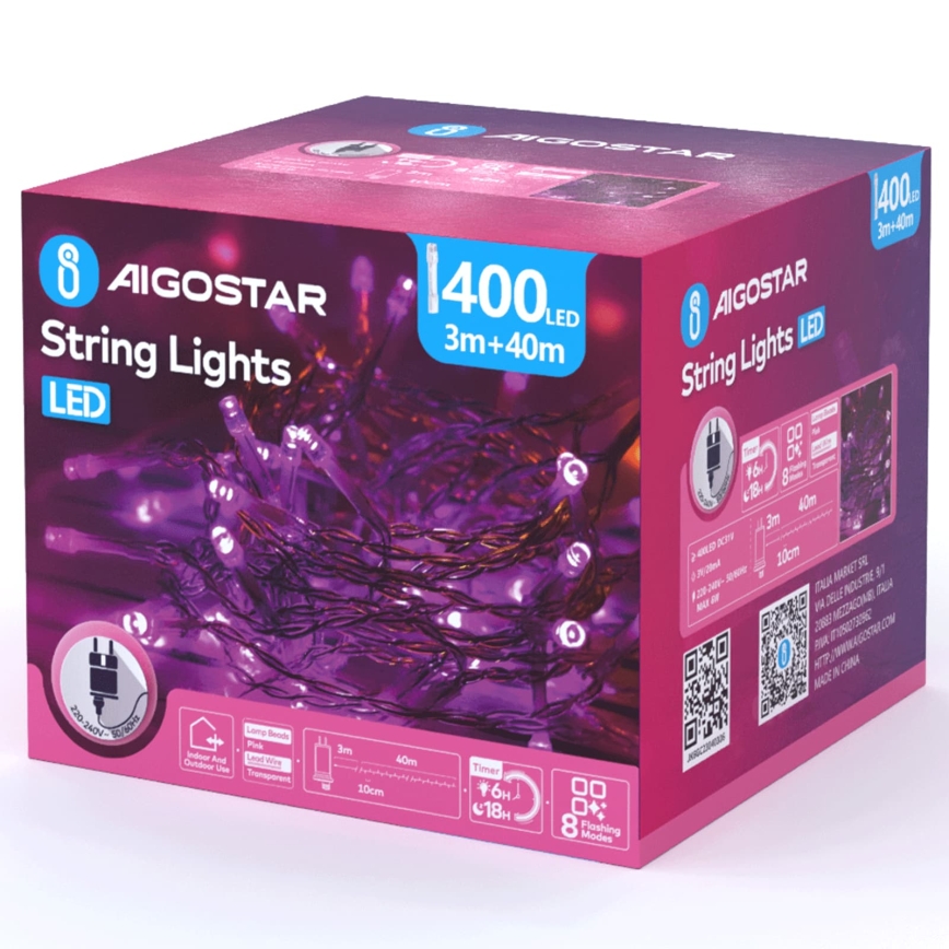 Aigostar - LED vonkajšia vianočná reťaz 400xLED/8 funkcií 43m IP44 ružová