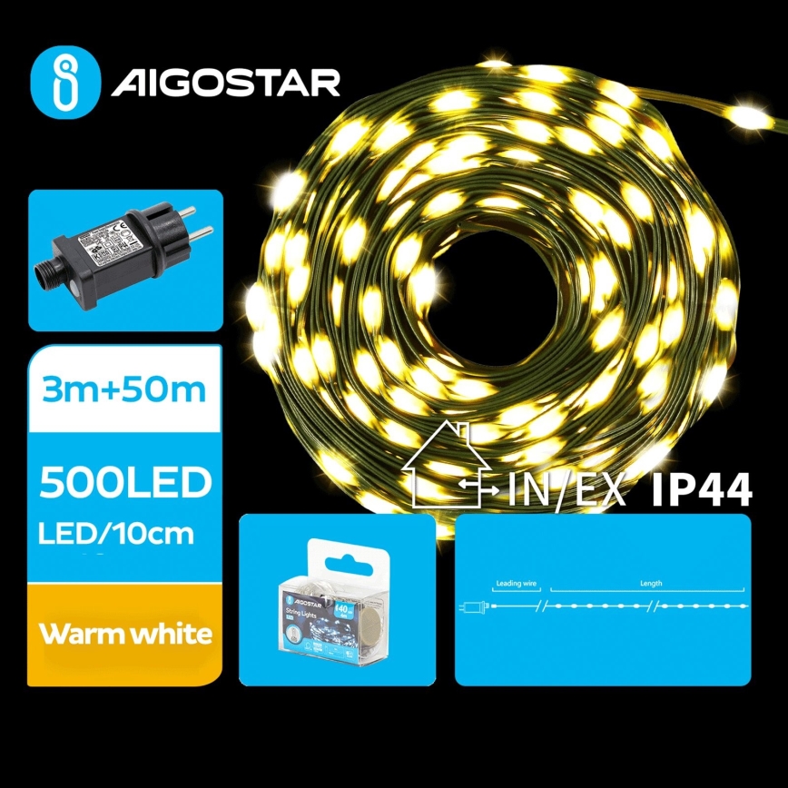 Aigostar - LED Vonkajšia vianočná reťaz 500xLED/8 funkcií 53m IP44 teplá biela